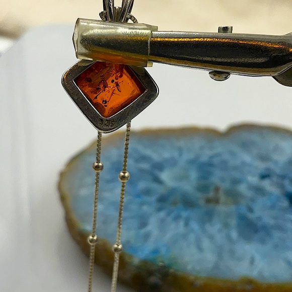 Vtg.18”Italian Sterling Silver Necklace W/Diamond Shaped Amber Gemstone Pendant - Picture 8 of 9